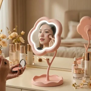 CF Pink White Flower Shaped Tabletop LED Makeup Vanity Mirror Storage Base Touch Dimmable Lighted Cosmetic Mirror for Gift