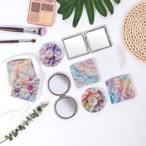 Chinese Style Cartoon Flower & Butterfly Handheld Makeup Mirror Portable Foldable Square Double-sided PU Cosmetic Mirror