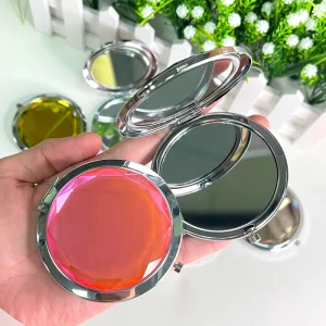 Clear Makeup Round Foldable Gem Vanity Mirror Handheld Dual Side Aluminum Metal Frame Mirror