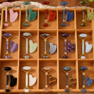 Colorful Jade Heart Shaped Crystal Gua Sha Face Roller Set Reusable Customizable Size & Logo