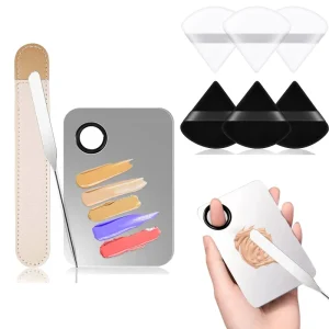 Cosmetic Beauty Makeup Tools Korean Foundation Spatula Stainless Steel Makeup Mixing Palette and Powder Puff Makeup Mixing Tray