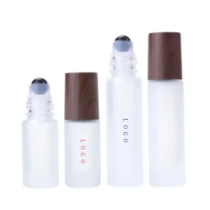 Cosmetic Essential Oil Perfume 5ml 10ml Custom logo Frosted Glass Roller Bottle with Dark Wooden Cap