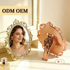 Cross-border Vintage Engraved High-definition Portable Wall-hangable and Stand-up Electroplated Handheld Makeup Mirror