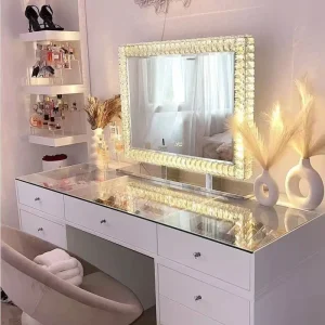 Crystal LED Makeup Mirror with Large Lighted Surface High Brightness Sparkling Diamond Frame
