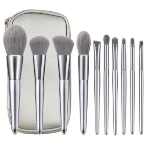 Custom 10 Piece Makeup Brush Set High Quality Synthetic Hair Aluminum Tube Wood Handle Powder Brushes for Face