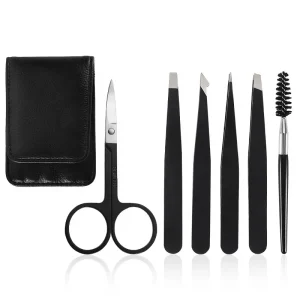 Custom 6pcs Stainless Steel Professional Eyebrow Trimmer Tweezers Set with Scissors Portable Tweezers Scissors for Eyebrow