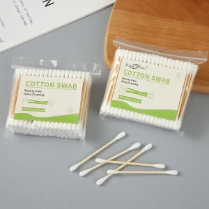 Custom Green Bag Double Head Cotton Swabs Bamboo Sticks Cotton Ear Buds 100 Pieces Q Tips for Daily Use