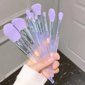 Custom Logo 10pcs Purple Synthetic Hair Crystal Makeup Brushes Set Vegan Makeup Brushes with Bag Used with Shaving Brush