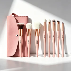 Custom Logo 8pcs Pink Professional Makeup Brush Set Rose Gold Aluminum Ferrule Synthetic Hair Vegan Cosmetic Brushes