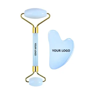 Custom Logo Crystal Light Blue Jade Roller Gua Sha Tool Scraping Board Set Skin Care Instrument Beauty Tool Factory OEM