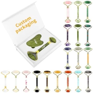 Custom Logo Crystal Stone Pink Rose Quartz Face Jade Roller Facial Massager Gua Sha Set