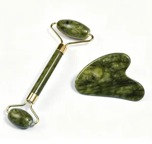 Custom Logo Dark Green Xiuyan Jade Roller Gua Sha Set Squeak Free Eco friendly Zinc Alloy Facial Massager for Face Neck Skin