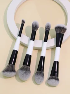 Custom Logo Double Ended Synthetic Fiber Wood Handle Makeup Brush FoundationBlush Halo Point Color Multi Functional Beauty Tool