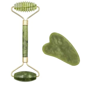 Custom Logo Green Rose Quartz Jade Roller Gua Sha Tool Set for Face Neck Body Massage Wrinkle Remover Face