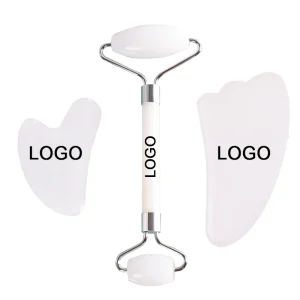 Custom Logo Ice Roller and Gua Sha Facial Tools Set Natural White Jadegua Sha Facial Tool Jade Roller and Gua Sha