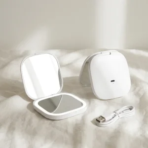 Custom Logo LED Compact Foldable Mirror Portable Rechargeable Pocket Makeup Mirror Bulk Beauty Promotional Gift Mirror
