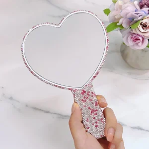 Custom Logo Luxury Handheld Makeup Mirror with Rhinestones Available in Different Colors Ideal for Retail