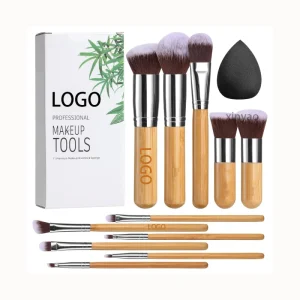 Custom Logo Makeup Brush Set 11Pcs Bamboo Synthetic Kabuki Brush Powder Blending Concealer Eye Shadows Blush Cosmetics Hairbrush