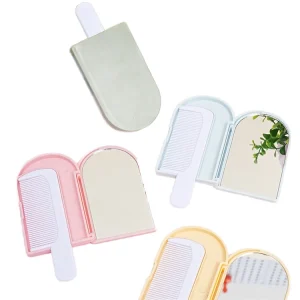 Custom Logo Mini Portable Cosmetic Mirror Comb Cute Folded Design 2x Magnification Compact Ice Cream Makeup Tool Box Packing