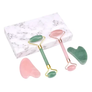 Custom Logo Natural Crystal Alloy Straight Shape Face Roller Guasha Massage Tool Jade Roller Gua Sha Set for Facial Skin