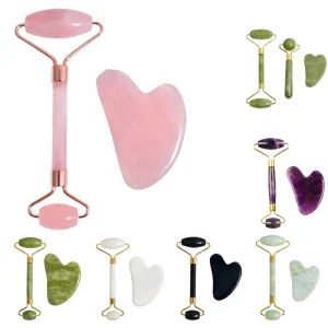 Custom Logo Natural Green Facial Guasha Massage Roller White Rose Quartz Jade Roller Gua Sha Stone Set
