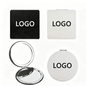 Custom Logo PU Leather Compact Mirror Portable Folding Pocket Makeup Mirror Double Sided Square Round 8cm Mirror for Promotion
