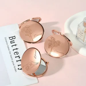 Custom Mini Handheld 70mm Pocket Mirror Personalized Glitter Makeup Mirror Art Deco Design Metal Frame Glass Small Foldable
