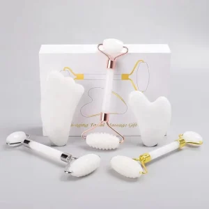 Custom Natural Stone White Anti Aging Jade Roller Set White Jade Roller and Guasha Set for Face Tighten Jade Roller and Gua Sha