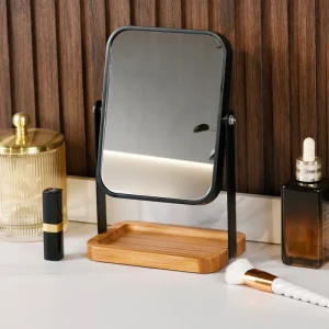 Custom Square Double Sided Mirror Table Top 1X 3X Vanity Makeup Mirror With Bamboo Tray