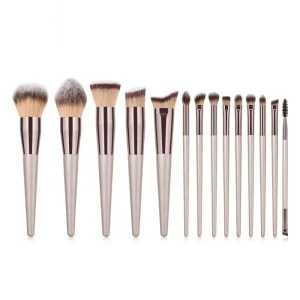 Custom Synthetic Fibre Bristles Wood Handles Professional Fan Brush Face Eye Concealer Application 14 Piece Makeup Brush Set