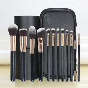 Custom logo Brush Wooden Black Handle White Hair Brush Set Private Label Holder Bag Makeup Brushes Set