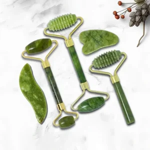 Custom logo Facial Massage Gua Sha Tool Jade Massager Roller Set Green Guasha Stone Set