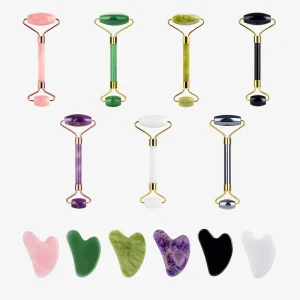 Custom logo Jade Roller 100% Natural Beauty Massage for Face Facial Jade Stone Double Rose Quartz Jade