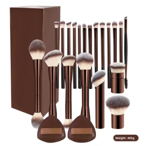 Customize Logo 20 Piece Brown Color Aluminum Tube Makeup Brush Set Soft Bristles Powder Puff Elegant Gift Box