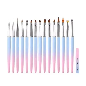 Customized 15pcs Professional Nail Kit Gradient Flatback Oval Gel Acrylic Nail Brushes with Nylon Bristles and Metal Handle Box