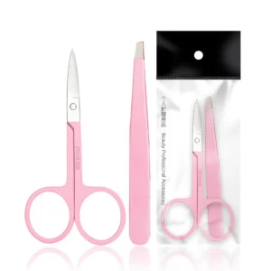 Customized 2pcs Pink Color Eyebrow Tweezers Scissors Set With Ploybag