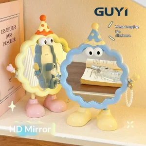 Cute Big Eyes Cartoon Makeup Mirror Desktop Vanity Mirror Adjustable Angle Colorful Cap Design for Dorm Bedroom Women
