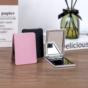 Cute Make up Makeup Small Portable Logo Mirror Custom Rectangle Leather Pocket Vanity Mirror Double Side Personalised for Women