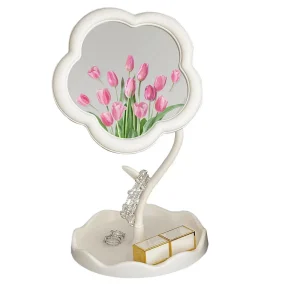 Desktop Lighted HD Cosmetic Mirror Silver Finish Sunflower Shape Cute Girl Heart Dressing Removable Hanging Jewelry 1x