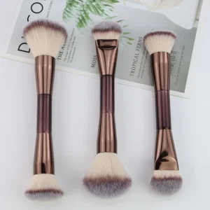 Double ended Wood Handle Brown Powder Blush Contour Multi functional All in one Face Makeup Brush Beauty Tools