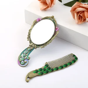 European style Metal Portable Small Handle Mirror with Comb Set Creative Makeup Mirror