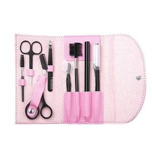 Eyebrow Shaping Grooming Kit with Eyebrow Brush Trimmer Scissors Tweezers Pencil 8pcs Set Facial Beauty Tools with Leather Bag