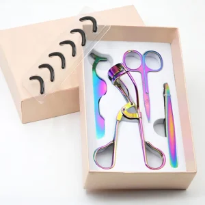 FOCSTAR High Quality Carbon Stainless Steel Eyelash Curler Set Refill Rainbow Applicator Tweezers Scissors Kit Eyelash Grooming