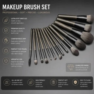 Face Eye Concealer & Eyeshadow Flat Synthetic Fibre Wood Handle 14 Piece Makeup Brush Set with Fan Brush
