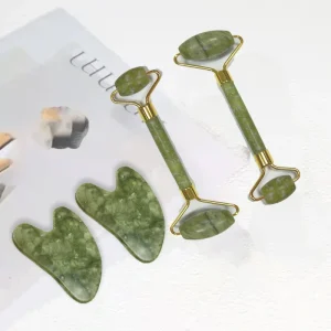 Facial Massager Rose Quartz Gua Sha Set Pink Jade Roller with Box Packing Neck Roller Massage Tool Customizable