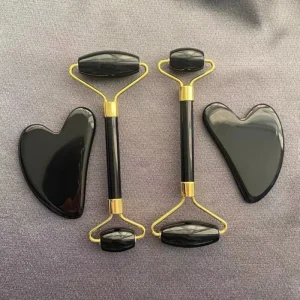 Facial Massager Set with Obsidian Jade Roller and Gua Sha Board Wireless Remote Control for Face