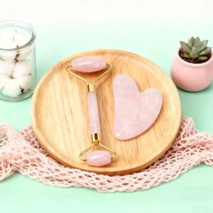 Facial specific Scraping Board with Jade Roller Massage Set Box Made of Natural Pink Crystal Heart shaped Gemstone