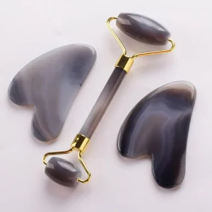 Factory Anti aging Skincare Tool Jade Stone Guasha and Face Roller Beauty Massager Set Grey Agate Face Roller and Gua Sha