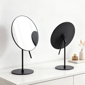 Factory Direct Matte Black Round Makeup Mirror 90° Adjustable Angle Premium Ins Style Standing Cosmetic Mirror OEM ODM Accepted