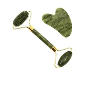 Factory Direct Sale Natural Green Fengyu Xiuyu Jade Stone Small Ox Horn Double headed Needle Roller Heart Shaped Face Scraper